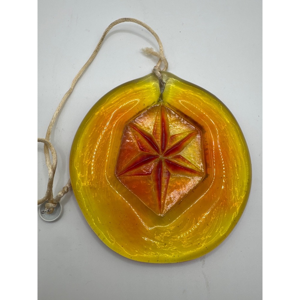 Vintage Art Glass Suncatcher Amber Yellow Red Starburst Round Window Decor 3.25"